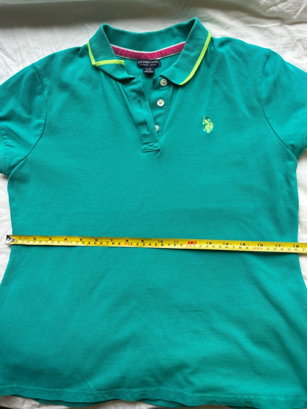 U.S. Polo Assn. Teal Green Neon Trim Short Sleeve Polo Shirt Size L - Picture 9 of 11